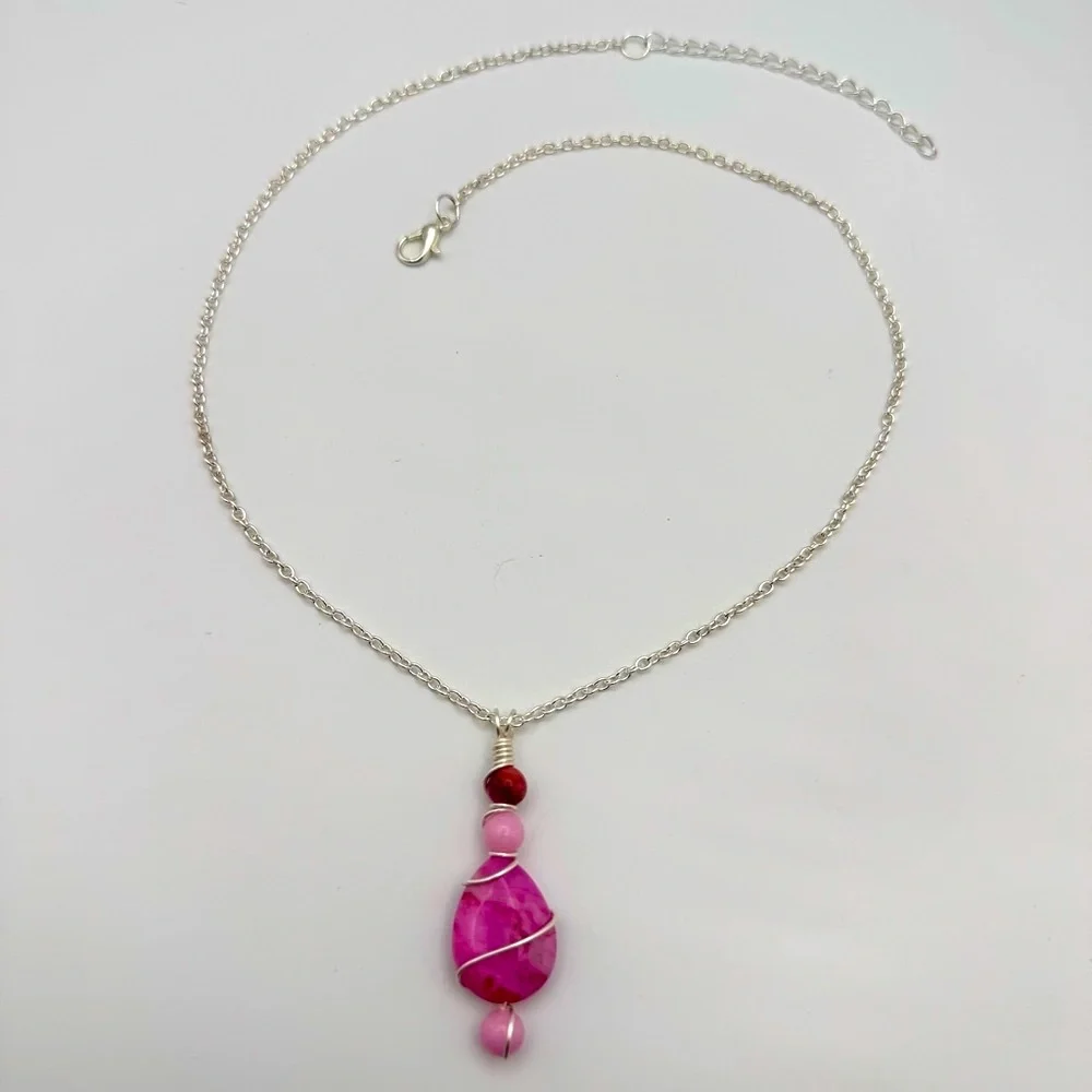Wire-Wrapped Pink Gemstone Teardrop Pendant Necklace
